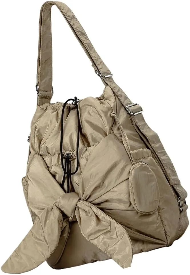 Fashionable Drawstring Bucket Bag Spacious Nylon Shoulder Handbag with Multiple Pockets Bowknot Backpack for Women