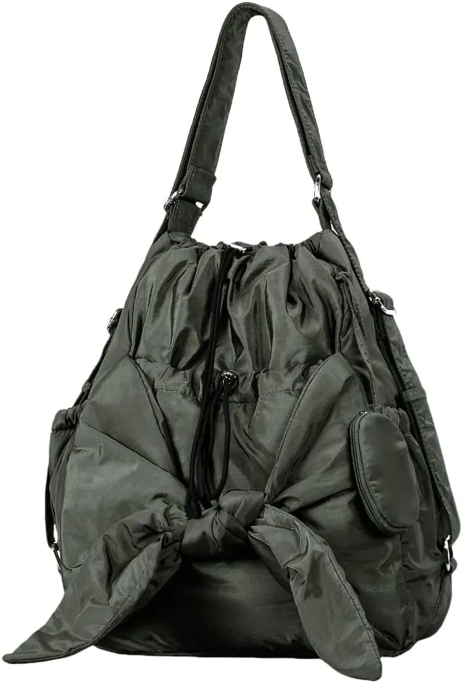 Fashionable Drawstring Bucket Bag Spacious Nylon Shoulder Handbag with Multiple Pockets Bowknot Backpack for Women