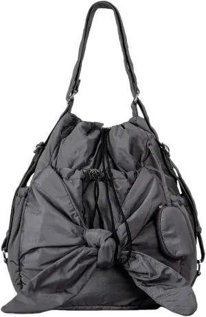 Fashionable Drawstring Bucket Bag Spacious Nylon Shoulder Handbag with Multiple Pockets Bowknot Backpack for Women