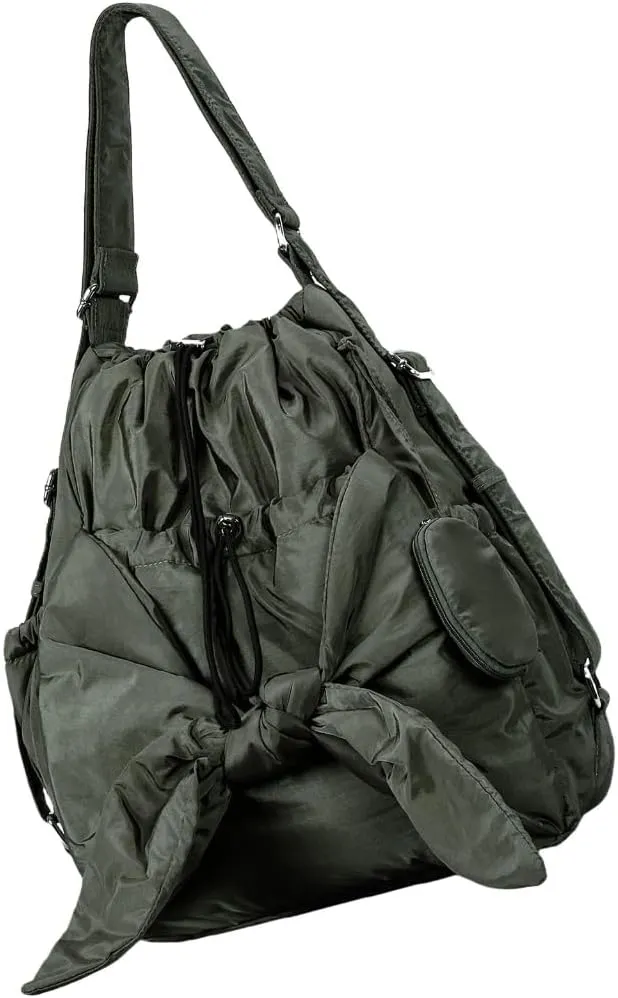 Fashionable Drawstring Bucket Bag Spacious Nylon Shoulder Handbag with Multiple Pockets Bowknot Backpack for Women