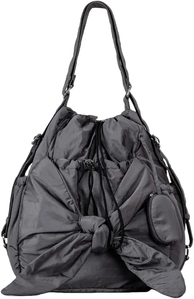 Fashionable Drawstring Bucket Bag Spacious Nylon Shoulder Handbag with Multiple Pockets Bowknot Backpack for Women