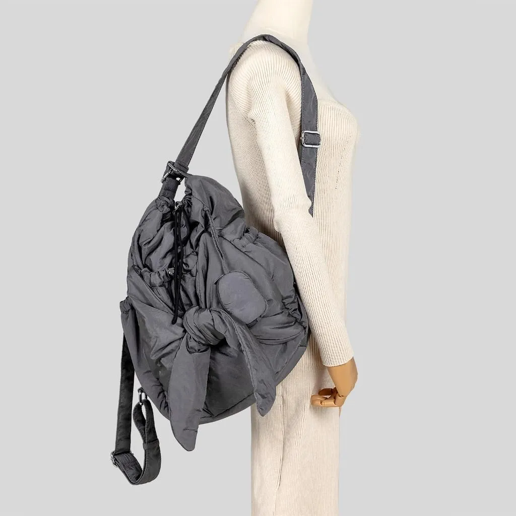 Fashionable Drawstring Bucket Bag Spacious Nylon Shoulder Handbag with Multiple Pockets Bowknot Backpack for Women