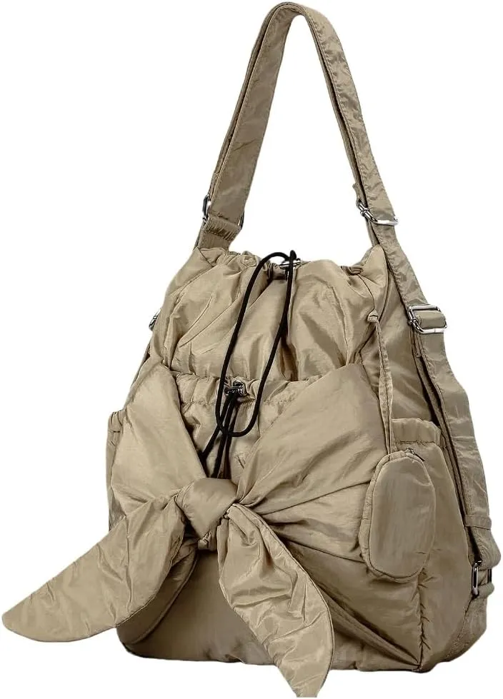Fashionable Drawstring Bucket Bag Spacious Nylon Shoulder Handbag with Multiple Pockets Bowknot Backpack for Women