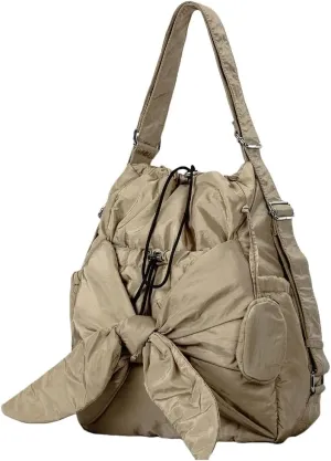 Fashionable Drawstring Bucket Bag Spacious Nylon Shoulder Handbag with Multiple Pockets Bowknot Backpack for Women