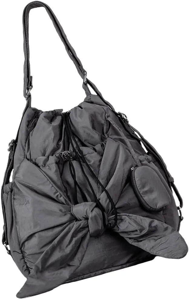 Fashionable Drawstring Bucket Bag Spacious Nylon Shoulder Handbag with Multiple Pockets Bowknot Backpack for Women