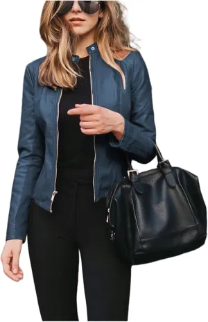 Faux Leather Jacket for Women Casual Bomber Jacket Cropped Zip Up Long Sleeve Jackets Fall Blazers
