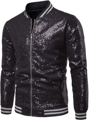 FEORJGP Mens Sequins Jakcet Zip Up Varsity Baseball Bomber Jacket Shinny Lightweight Coat Clubwear Bomber Jacket for Stage