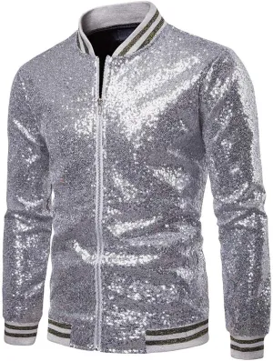 FEORJGP Mens Sequins Jakcet Zip Up Varsity Baseball Bomber Jacket Shinny Lightweight Coat Clubwear Bomber Jacket for Stage