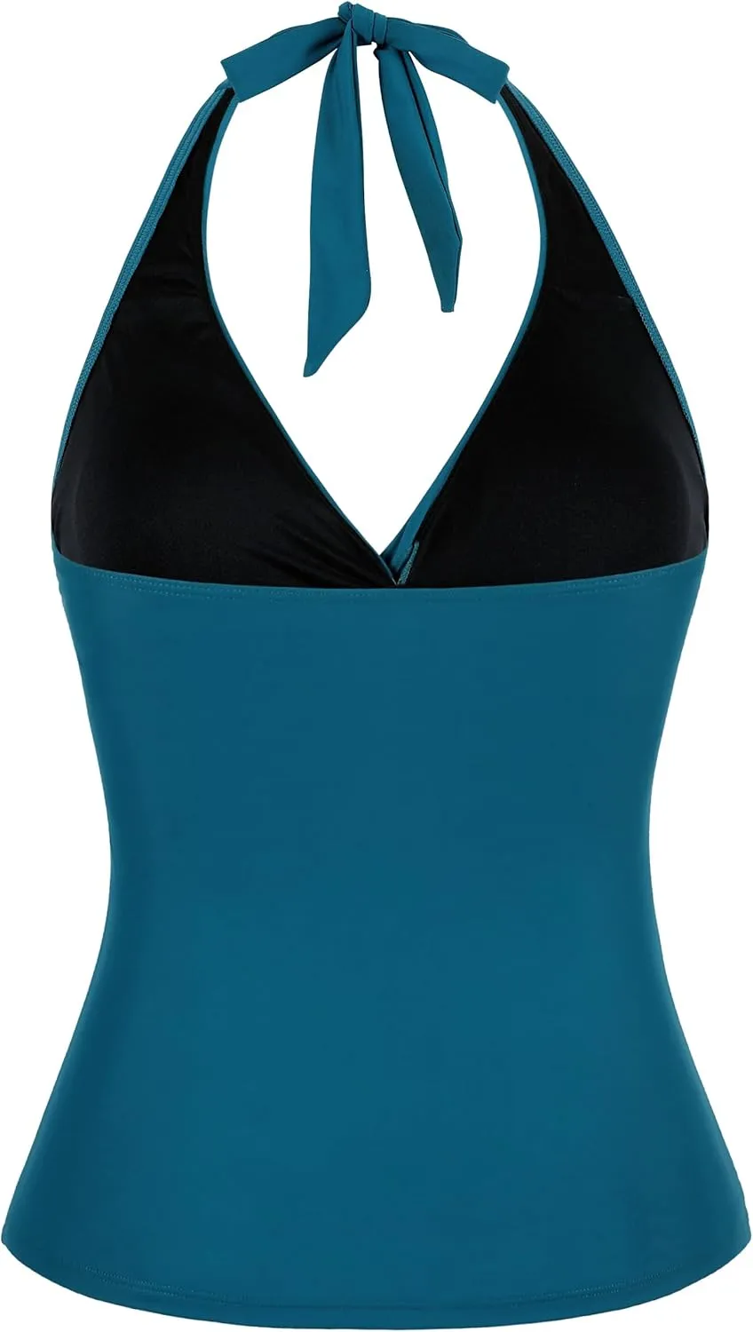 Firpearl Underwire Tankini Tops for Women Ruched Tummy Control Bathing Suit Tops Halter V Neck Swimsuit Top Only
