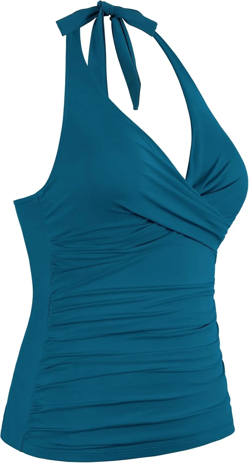 Firpearl Underwire Tankini Tops for Women Ruched Tummy Control Bathing Suit Tops Halter V Neck Swimsuit Top Only