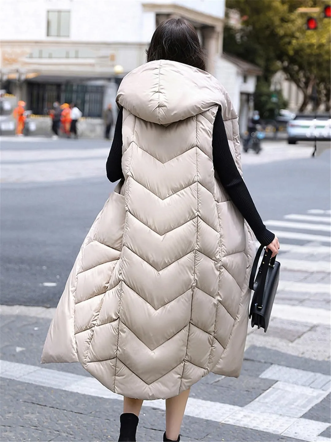 Fjnbbiot Winter Women Vest Long Sleeveless Jacket Hooded Cotton Padded Coat Female Big Pocket Casual Warm Waistcoat