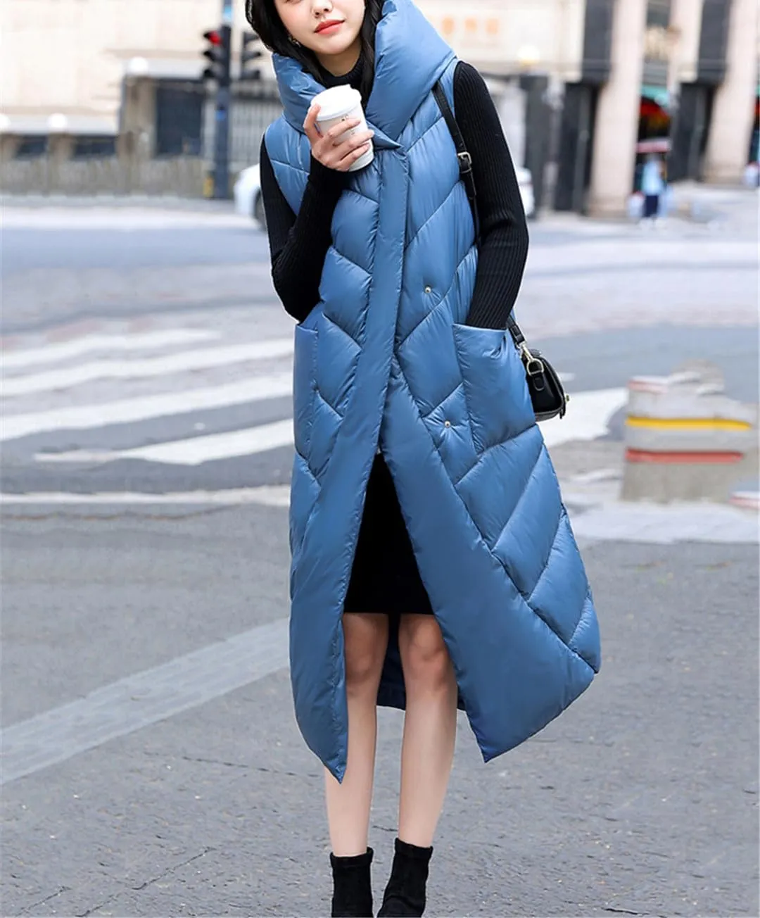 Fjnbbiot Winter Women Vest Long Sleeveless Jacket Hooded Cotton Padded Coat Female Big Pocket Casual Warm Waistcoat