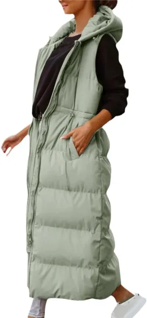 Fjnbbiot Women's Sleeveless Vest Long Down Cotton Jacket Solid Hooded Padded Vests Loose Fashion Casual Winter Coat