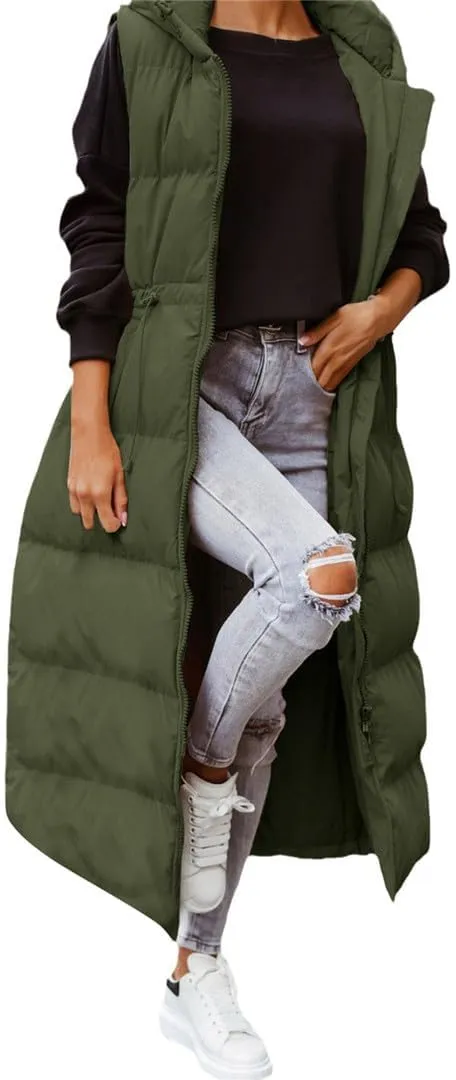 Fjnbbiot Women's Sleeveless Vest Long Down Cotton Jacket Solid Hooded Padded Vests Loose Fashion Casual Winter Coat