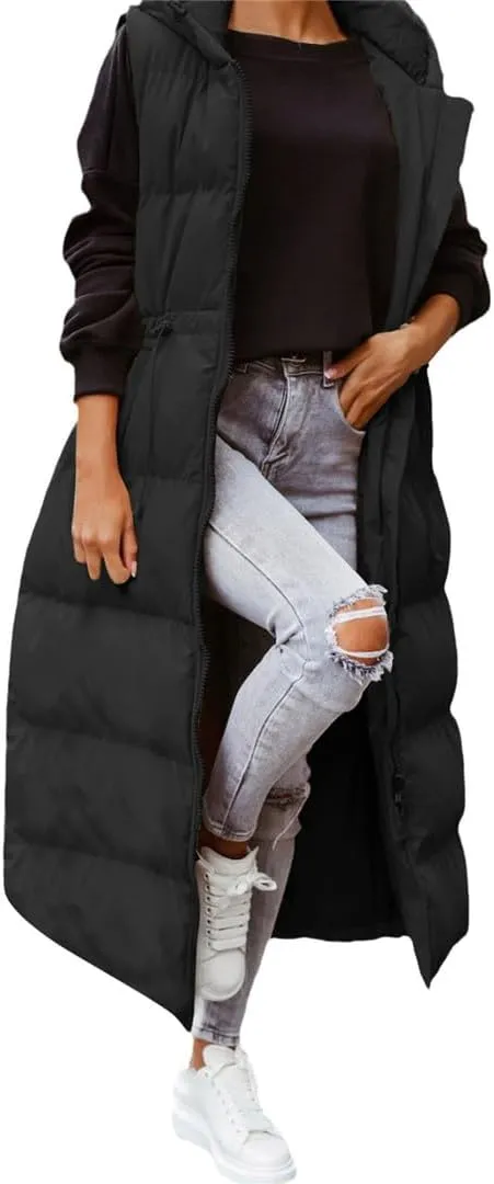 Fjnbbiot Women's Sleeveless Vest Long Down Cotton Jacket Solid Hooded Padded Vests Loose Fashion Casual Winter Coat