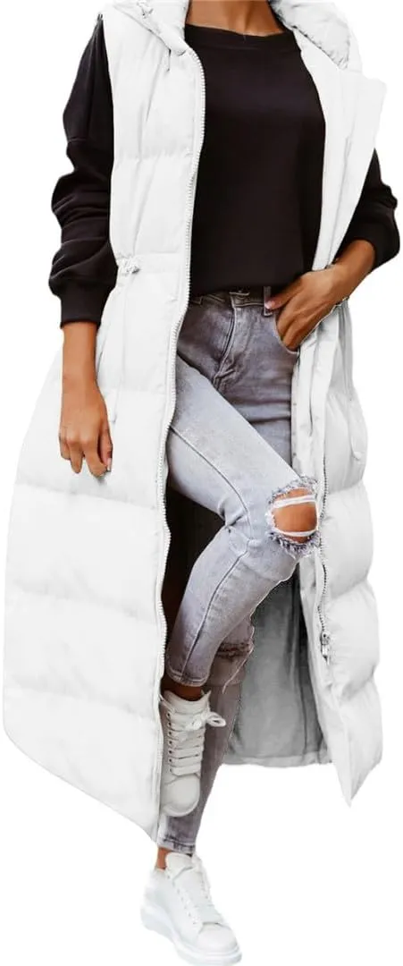 Fjnbbiot Women's Sleeveless Vest Long Down Cotton Jacket Solid Hooded Padded Vests Loose Fashion Casual Winter Coat