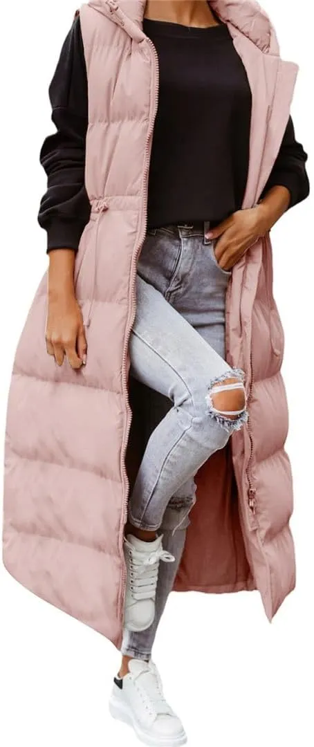 Fjnbbiot Women's Sleeveless Vest Long Down Cotton Jacket Solid Hooded Padded Vests Loose Fashion Casual Winter Coat