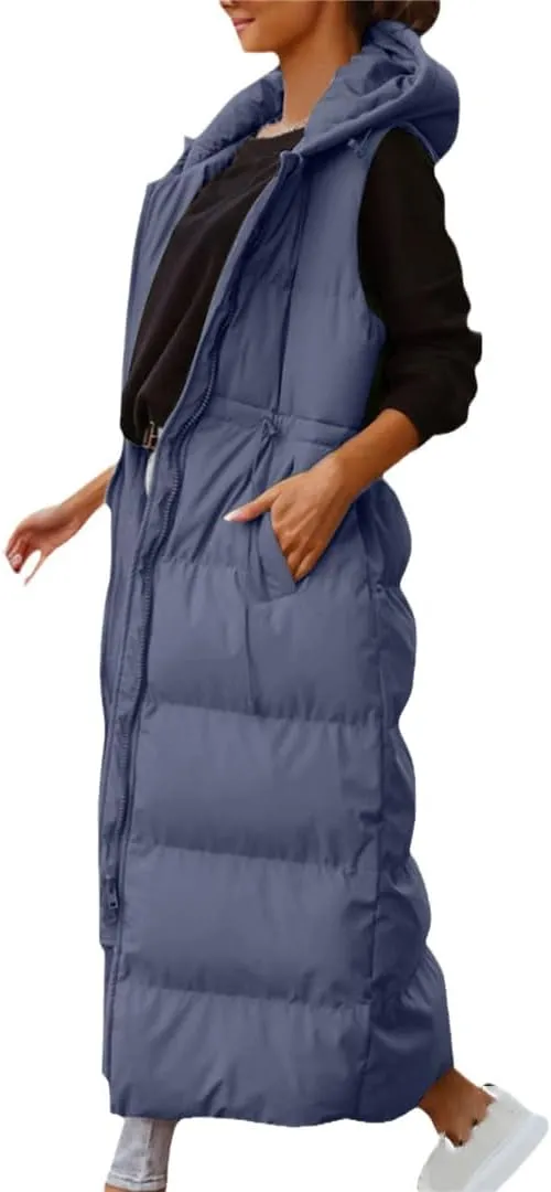 Fjnbbiot Women's Sleeveless Vest Long Down Cotton Jacket Solid Hooded Padded Vests Loose Fashion Casual Winter Coat