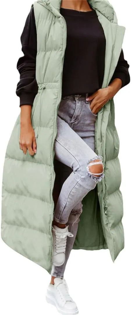 Fjnbbiot Women's Sleeveless Vest Long Down Cotton Jacket Solid Hooded Padded Vests Loose Fashion Casual Winter Coat
