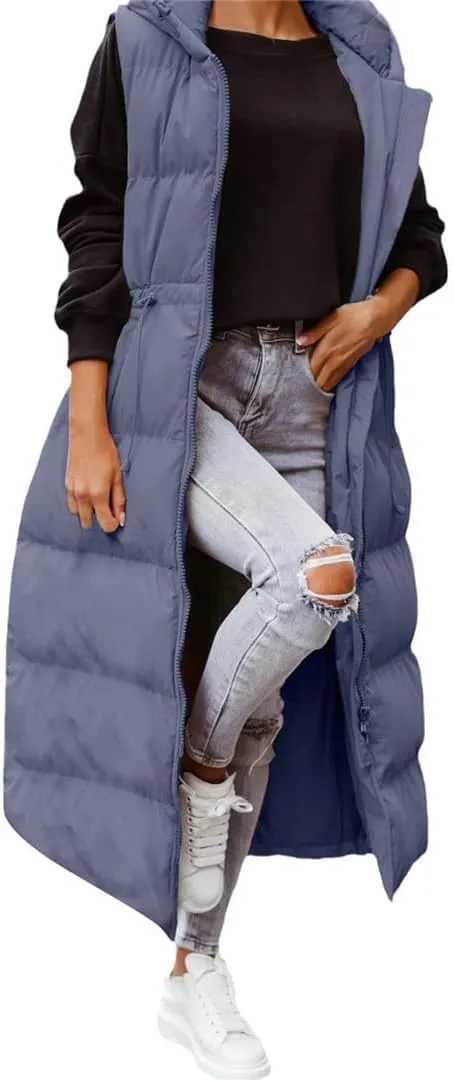 Fjnbbiot Women's Sleeveless Vest Long Down Cotton Jacket Solid Hooded Padded Vests Loose Fashion Casual Winter Coat