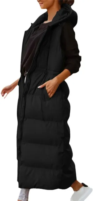 Fjnbbiot Women's Sleeveless Vest Long Down Cotton Jacket Solid Hooded Padded Vests Loose Fashion Casual Winter Coat