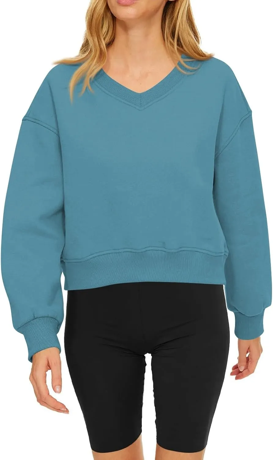 Fleece Pullover Women Oversized V Neck Cropped Sweatshirt Winter Casual Comfy Long Sleeve Sweaters Preppy Clothes