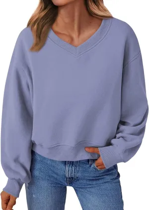 Fleece Pullover Women Oversized V Neck Cropped Sweatshirt Winter Casual Comfy Long Sleeve Sweaters Preppy Clothes