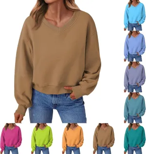 Fleece Pullover Women Oversized V Neck Cropped Sweatshirt Winter Casual Comfy Long Sleeve Sweaters Preppy Clothes