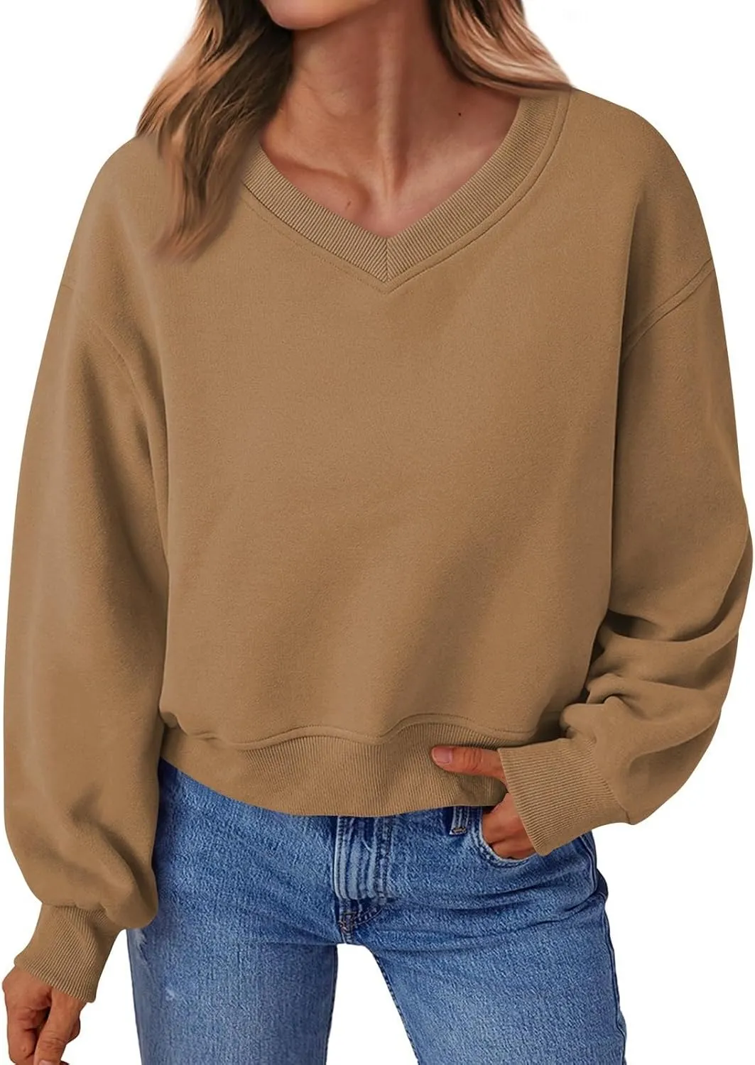 Fleece Pullover Women Oversized V Neck Cropped Sweatshirt Winter Casual Comfy Long Sleeve Sweaters Preppy Clothes