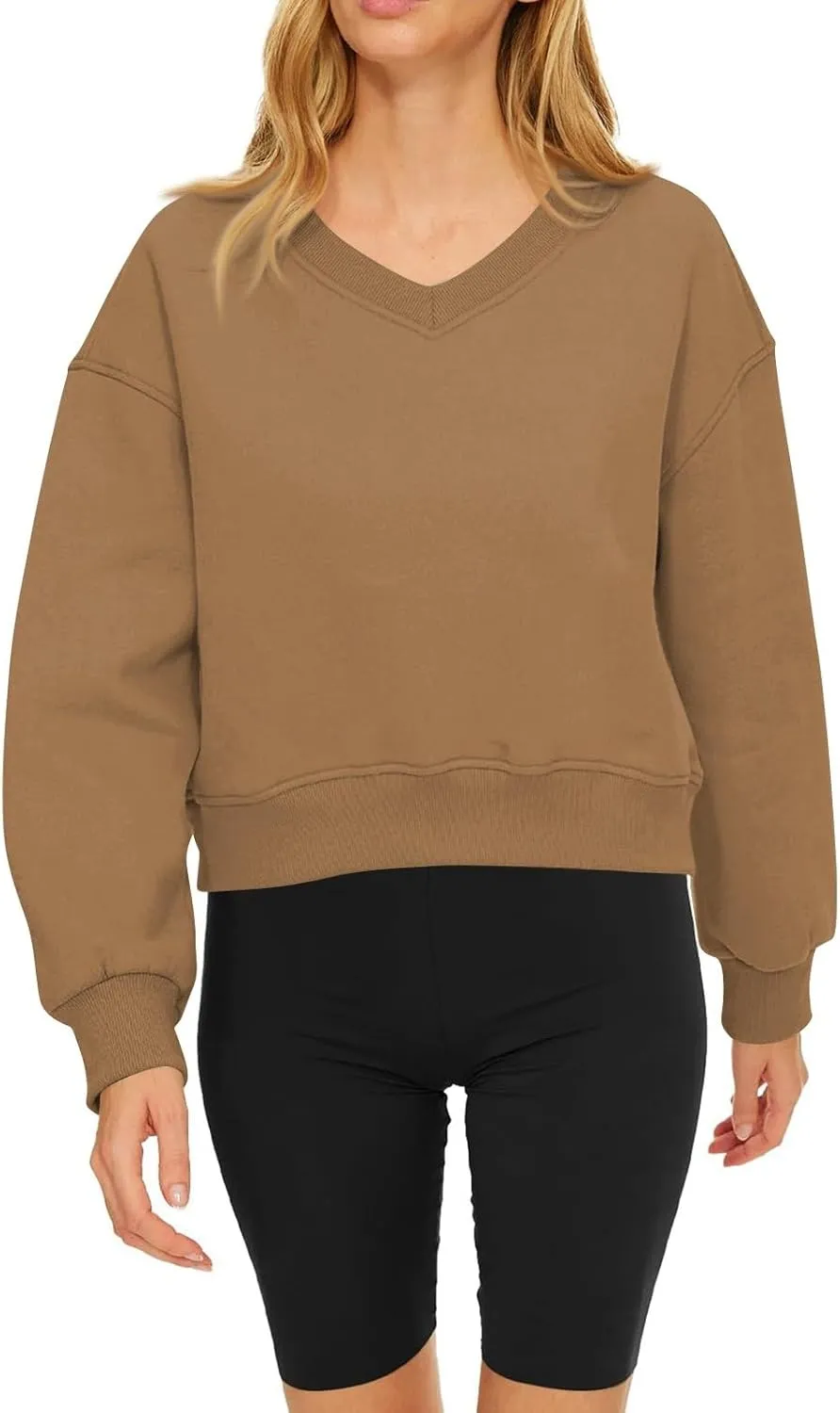 Fleece Pullover Women Oversized V Neck Cropped Sweatshirt Winter Casual Comfy Long Sleeve Sweaters Preppy Clothes