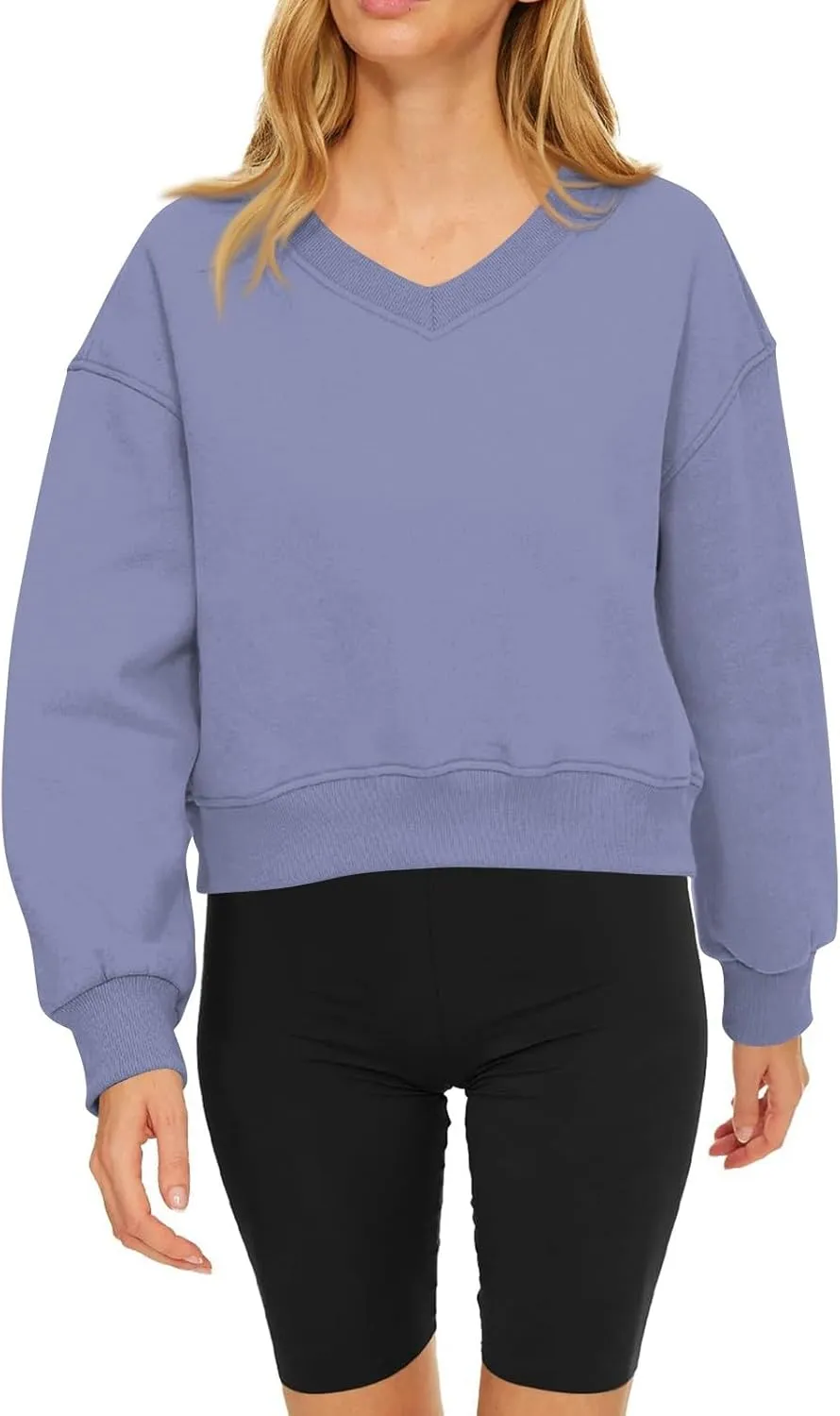 Fleece Pullover Women Oversized V Neck Cropped Sweatshirt Winter Casual Comfy Long Sleeve Sweaters Preppy Clothes