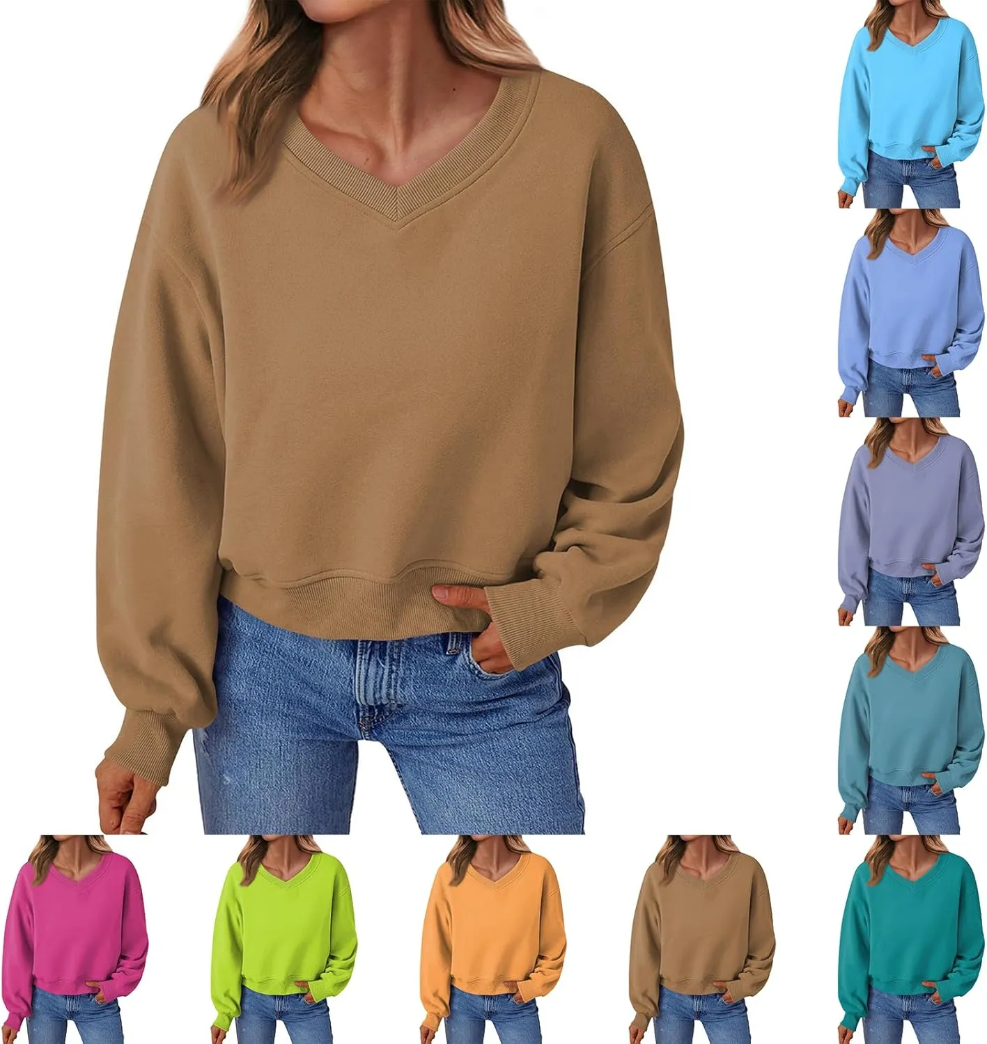Fleece Pullover Women Oversized V Neck Cropped Sweatshirt Winter Casual Comfy Long Sleeve Sweaters Preppy Clothes