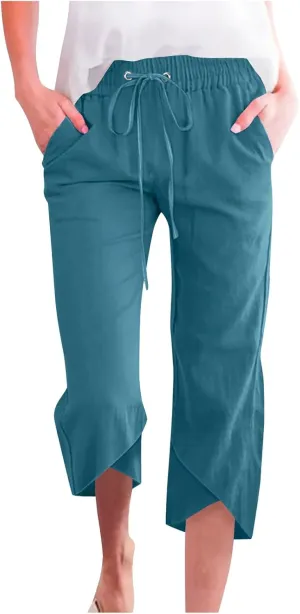 FlekmanArt Capris Pants for Women Cotton Linen Casual Pants Drawstring Elastic Waist Cropped Trouser 2025 Wide Leg Pants