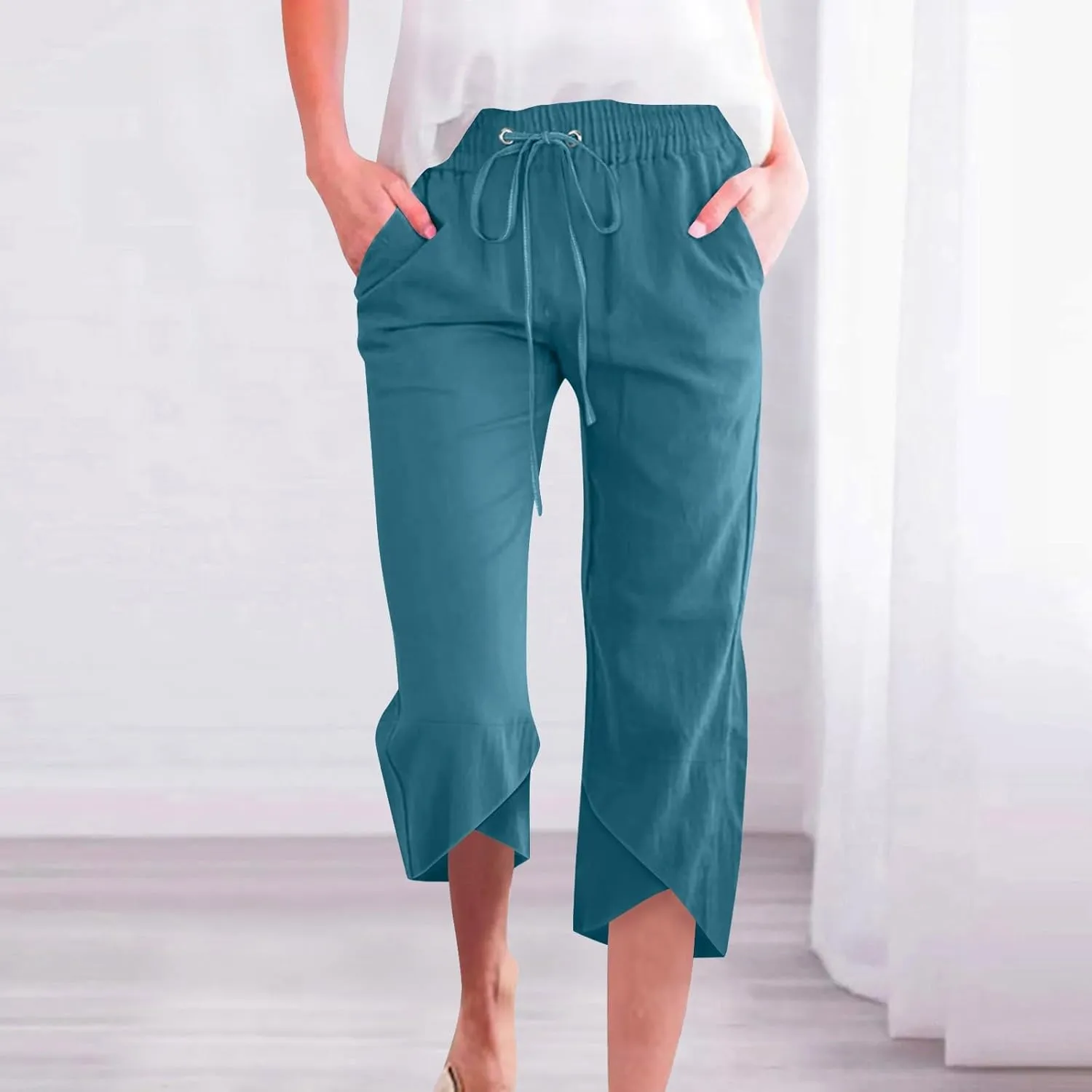 FlekmanArt Capris Pants for Women Cotton Linen Casual Pants Drawstring Elastic Waist Cropped Trouser 2025 Wide Leg Pants