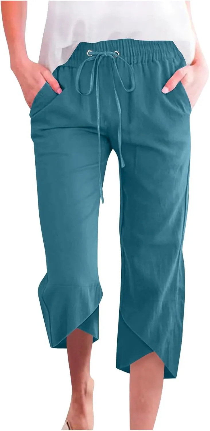 FlekmanArt Capris Pants for Women Cotton Linen Casual Pants Drawstring Elastic Waist Cropped Trouser 2025 Wide Leg Pants