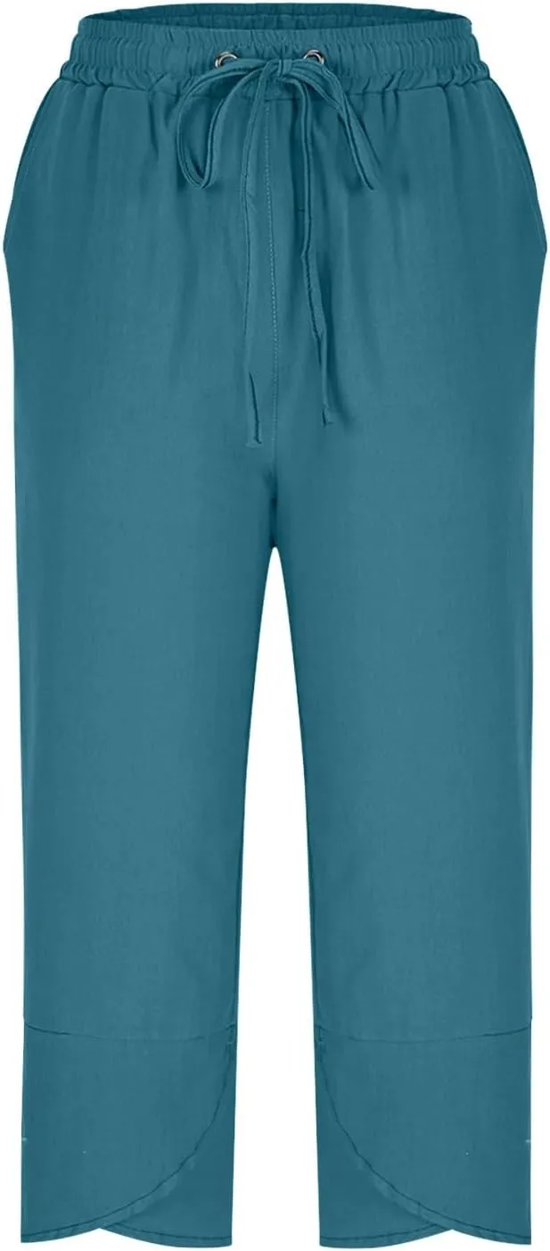 FlekmanArt Capris Pants for Women Cotton Linen Casual Pants Drawstring Elastic Waist Cropped Trouser 2025 Wide Leg Pants
