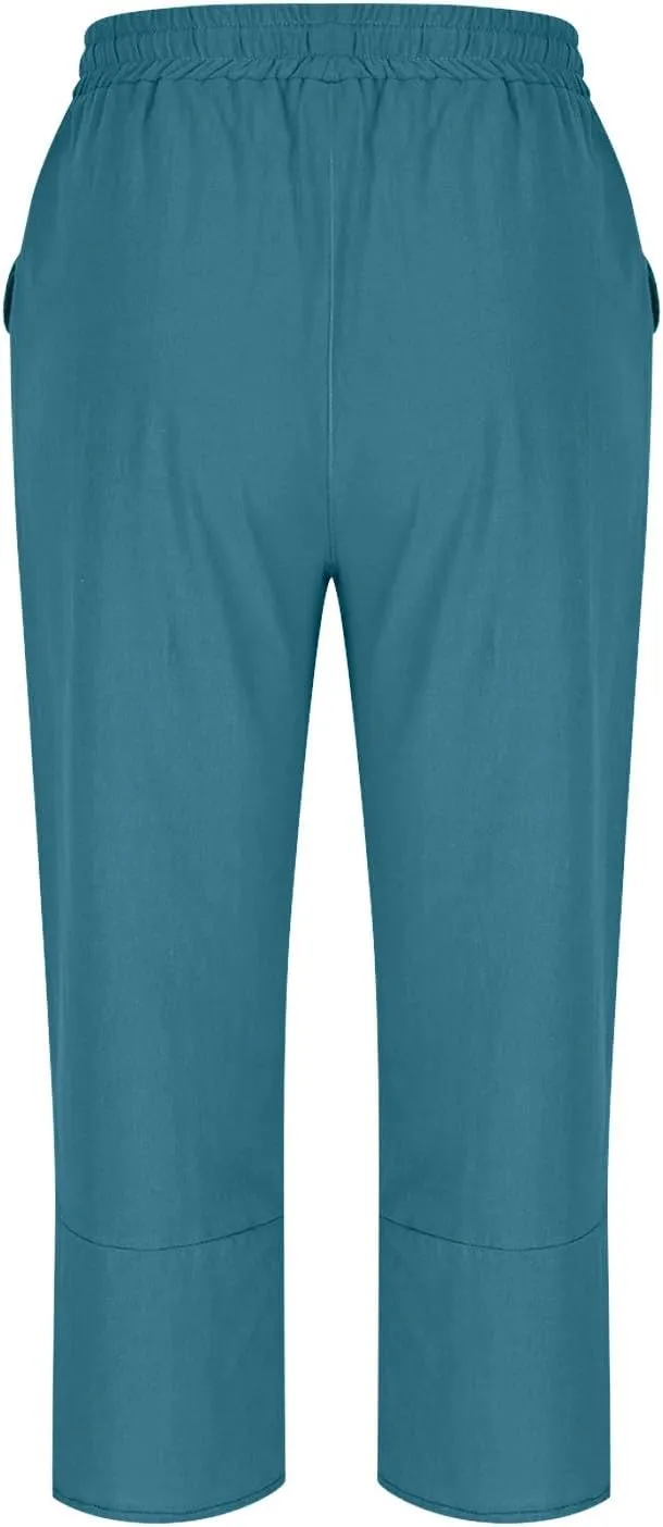 FlekmanArt Capris Pants for Women Cotton Linen Casual Pants Drawstring Elastic Waist Cropped Trouser 2025 Wide Leg Pants