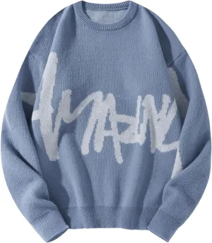 Floerns Men's Letter Print Long Sleeve Knit Wear Crewneck Pullover Sweaters