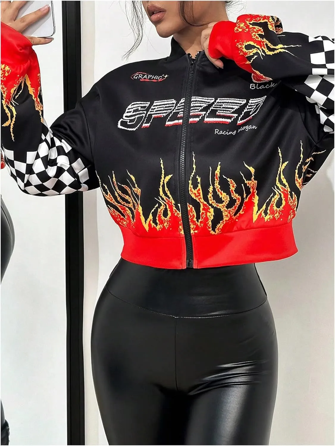 Floerns Women's Letter Racing Motorcycle Coat Drop Shoulder Bomber Jacket Outerwear