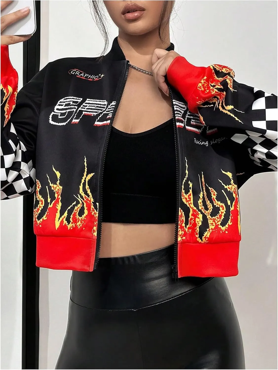 Floerns Women's Letter Racing Motorcycle Coat Drop Shoulder Bomber Jacket Outerwear