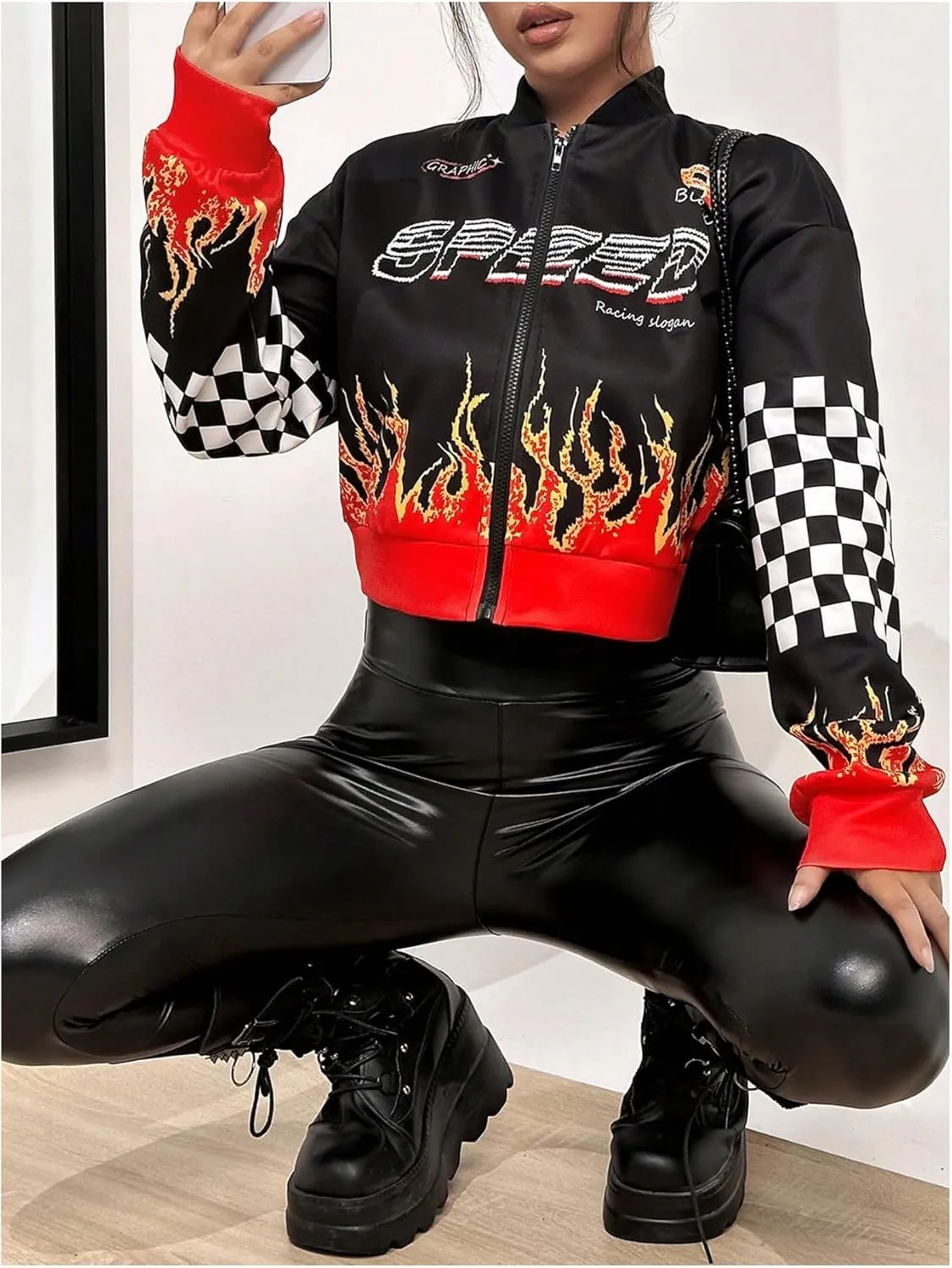 Floerns Women's Letter Racing Motorcycle Coat Drop Shoulder Bomber Jacket Outerwear