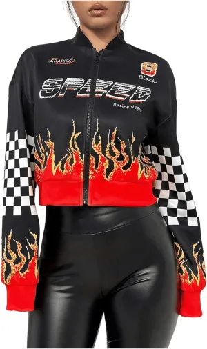 Floerns Women's Letter Racing Motorcycle Coat Drop Shoulder Bomber Jacket Outerwear
