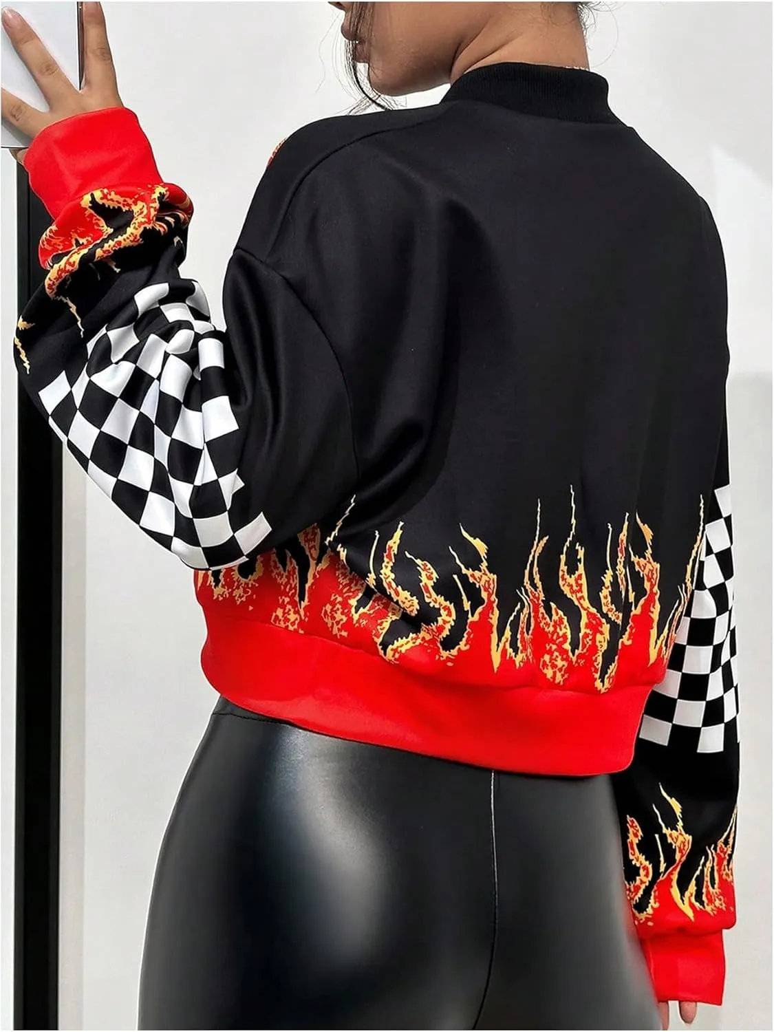 Floerns Women's Letter Racing Motorcycle Coat Drop Shoulder Bomber Jacket Outerwear