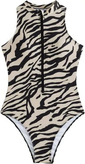 Floerns Women's Zebra Print Sleeveless One Piece Rash Guard High Neck Zipper Surfing Swimsuit