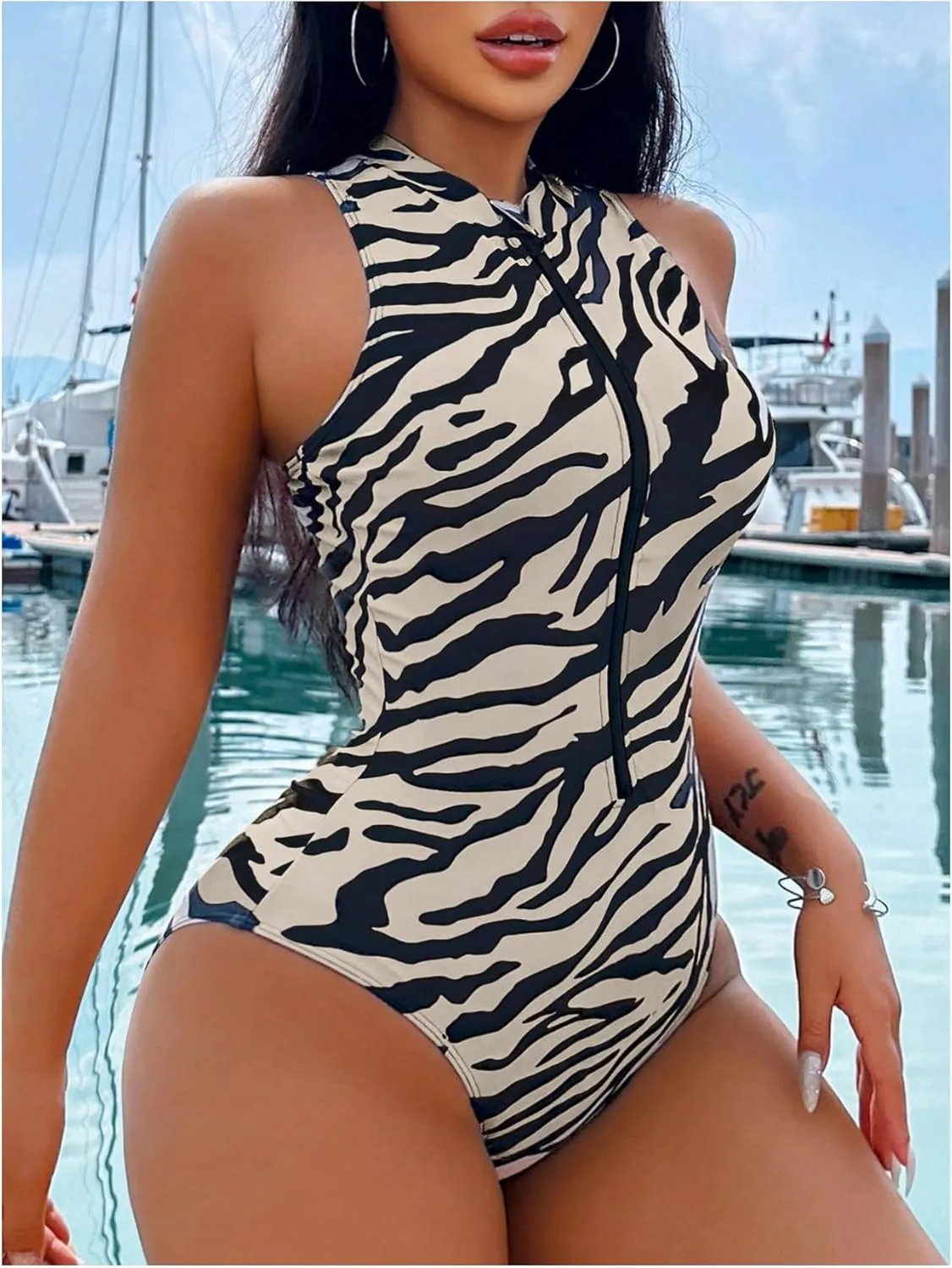 Floerns Women's Zebra Print Sleeveless One Piece Rash Guard High Neck Zipper Surfing Swimsuit