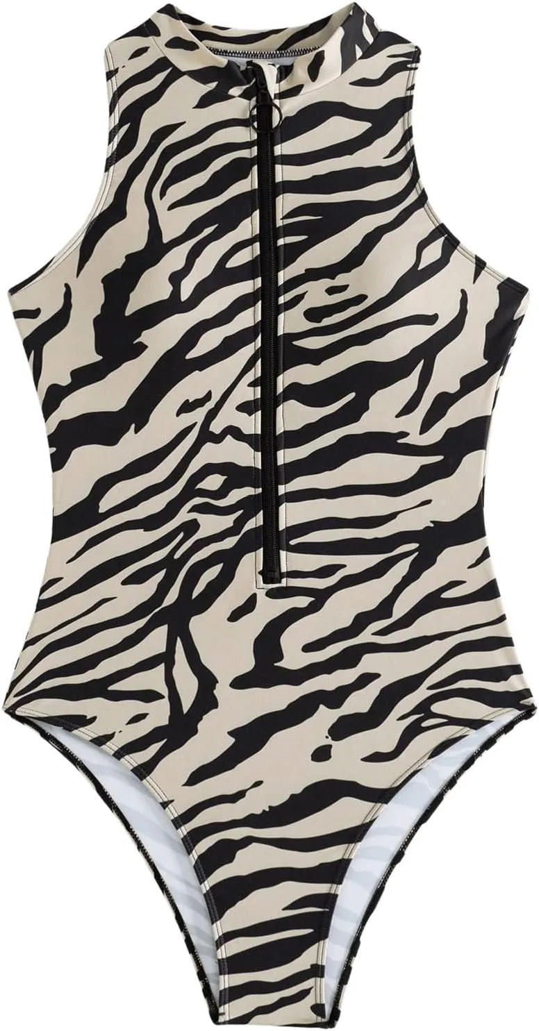 Floerns Women's Zebra Print Sleeveless One Piece Rash Guard High Neck Zipper Surfing Swimsuit