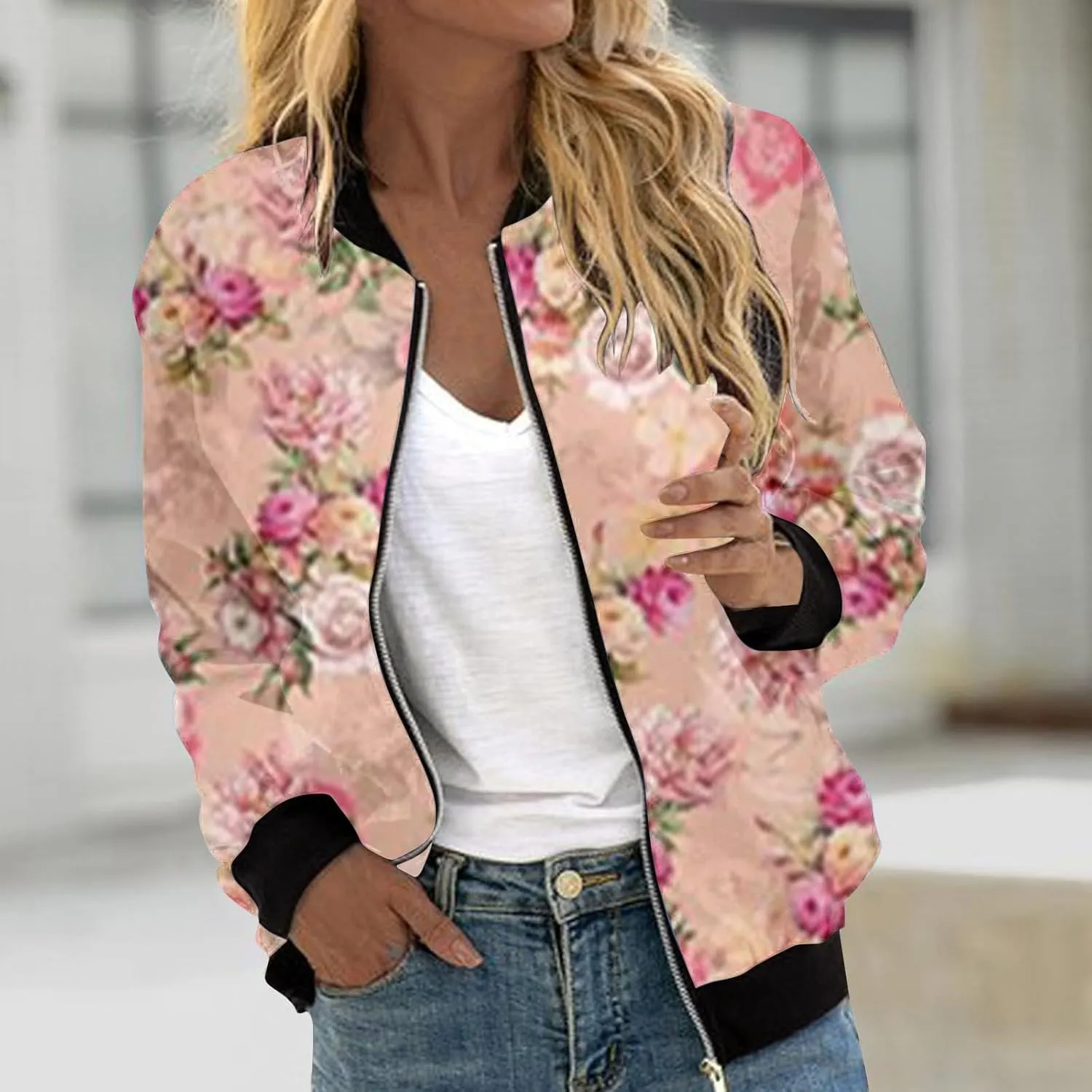 Floral Jackets for Women 2024 Long Sleeve Classic Gradient Print Jacket Casual Daily Baseball Bomber Jacket Coat Fall
