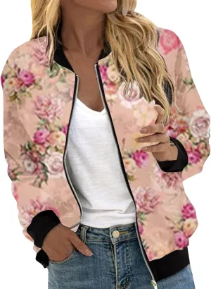 Floral Jackets for Women 2024 Long Sleeve Classic Gradient Print Jacket Casual Daily Baseball Bomber Jacket Coat Fall