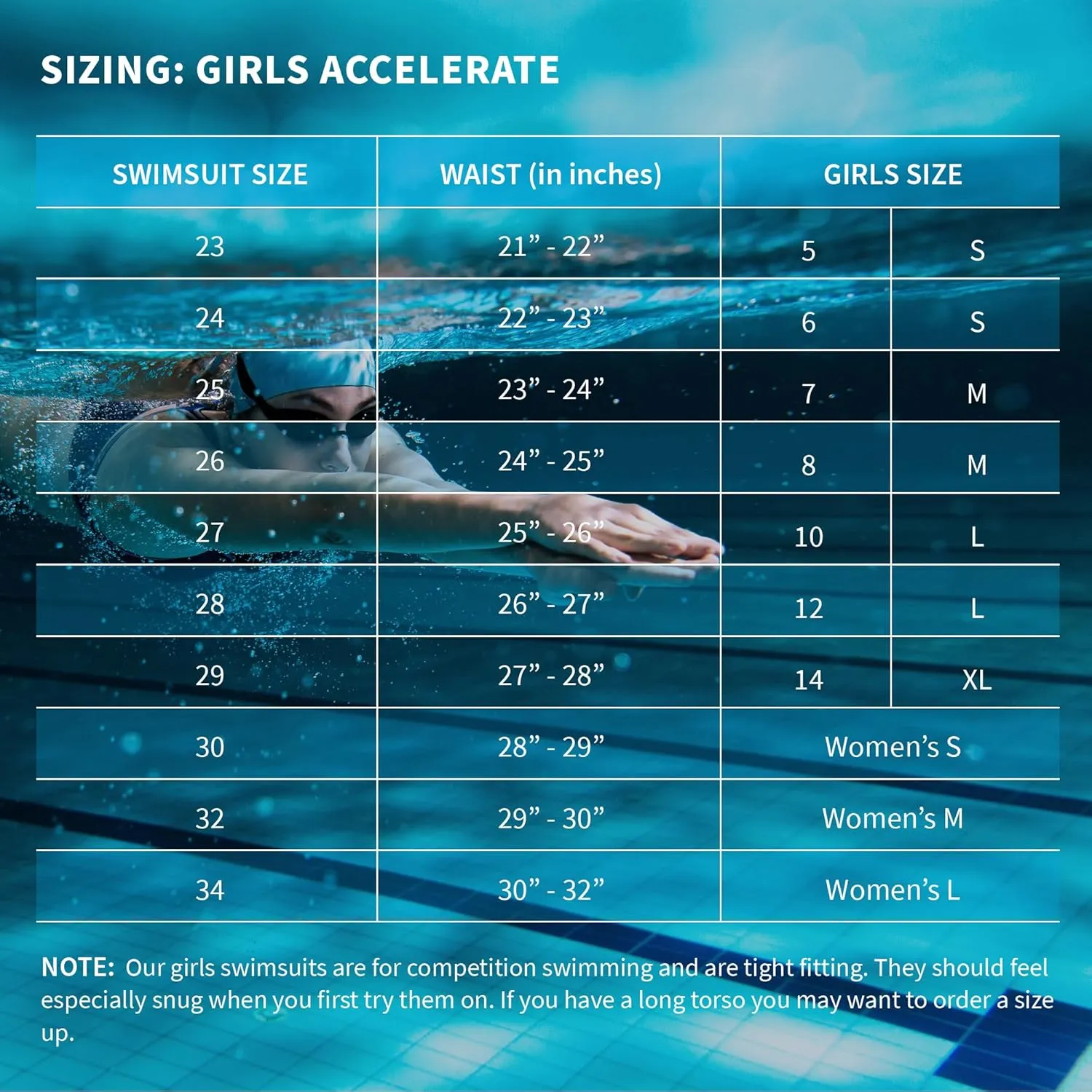 Flow Accelerate Swimsuit for Girls - Size 23 to 34 One Piece Swim Suit for Practice and Competition in Black, Blue, and Navy