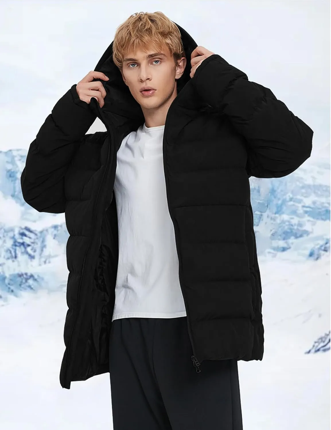 Flygo Mens Hooded Puffer Jacket Insulated Winter Waterproof Warm Coat Zipper Down Quilted Jackets